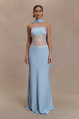 Pilar Strapless Satin And Lace Maxi Dress - Cornflower Blue