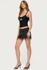Sheer Sequin Bead Fringed Mini Skirt