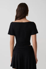 Talise Modal Flounce Short Sleeve Top - Black