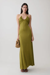 Maely Gathered Slinky Maxi Dress - Olive