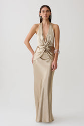 Peyton V Neck Satin Maxi Dress - Gold