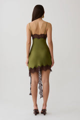 Amber Satin And Lace Mini Dress - Olive