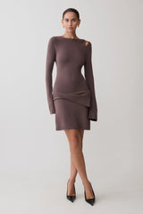 Cresida Knit Long Sleeve Mini Dress With Hardware - Peppercorn