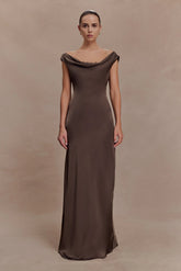 Ashley Cowl Neck Lace And Satin Maxi Dress - Mocha