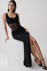 Kelela Draped Slinky And Lace Maxi Dress - Black