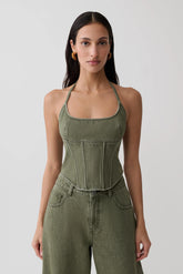 Stephanie Corset Denim Top - Washed Khaki