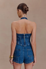 Meadow Denim Corset Halter Top - Dark Blue