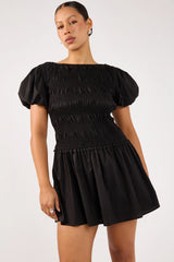 Perfect Stranger Rhea Shirred Short Sleeve Mini Dress Black