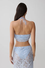Kiara Pearl Beaded Cowl Crop Top - Powder Blue