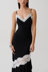 Annis Frilled Hem Lace Midi Dress - Black/White