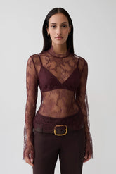 Alizette High Neck Long Sleeve Lace Top - Burgundy