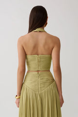 Makena Gathered V Neck Top - Green