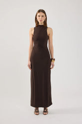 Perfect Stranger Havana High Neck Open Back Maxi Dress Brown