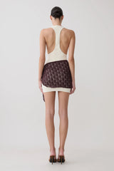 Mollie Mini Dress With Crochet Overlay - White/Chocolate