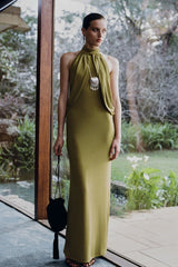 Joan Halter Neck Slinky Maxi Dress - Martini Olive