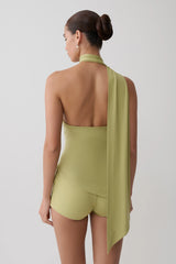 Jemma One Shoulder Tie Top - Apple Sage