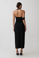 Sable Crossover Crepe Midi Dress - Black