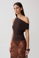 Yuna Short Sleeve Draped Hardware Top - Chocolate