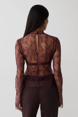 Alizette High Neck Long Sleeve Lace Top - Burgundy