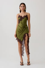 Amber Satin And Lace Mini Dress - Olive