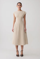 Zinia Linen Cap Sleeve Midi Dress - Natural