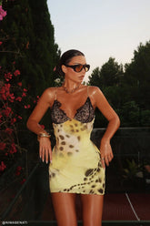 Angeline Lace And Chiffon Mini Dress - Yellow Floral Leopard Print