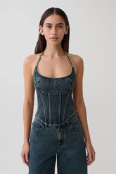 Stephanie Corset Denim Top - Vintage Blue