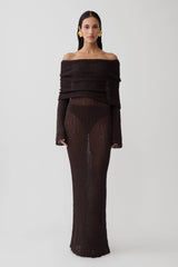 Marisol Off Shoulder Boucle Maxi Dress - Dark Chocolate