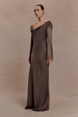 Eliza Long Sleeve Cowl Lace And Satin Maxi Dress - Mocha