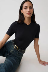 Janelle High V Neck Short Sleeve Top - Black