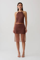 Priscilla Sheer Halter Midi Dress - Dark Chocolate
