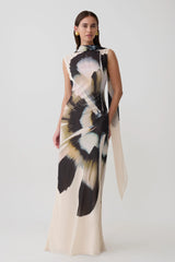 Dakota Chiffon Maxi Dress With Scarf - Ivory Oversized Floral Print