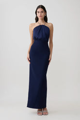Elina Satin Necklace Maxi Dress - Navy