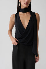 Raisa Overlap Top With Neck Scarf - Black