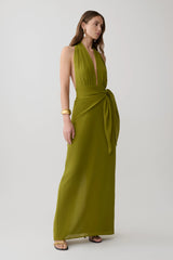 Gianna Satin Halter Maxi Dress - Olive