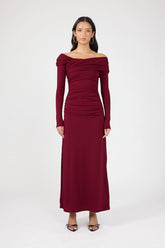 Perfect Stranger Romina Off Shoulder Maxi Dress Burgundy