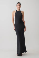 Rinna Satin Halter Maxi Dress - Black