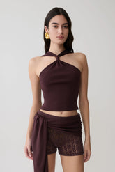 Angelika Twist Front Knit Top - Chocolate