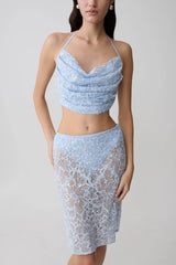 Kiara Pearl Beaded Cowl Crop Top - Powder Blue
