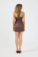 Perfect Stranger Claire Linen Halter Mini Dress Brown Print