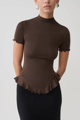 Nira Short Sleeve Ruffle Top - Dark Chocolate