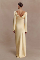 Eliza Long Sleeve Cowl Lace And Satin Maxi Dress - Lemon