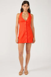 Perfect Stranger Menorca Halter Button Linen Mini Dress Red