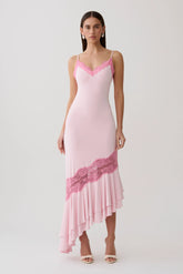 Annis Frilled Hem Lace Midi Dress - Pink