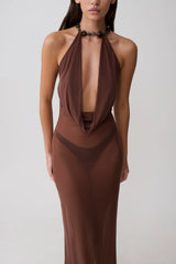 Ethal Mesh Cowl Neck Beaded Maxi Dress - Chocolate