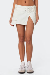 Belted Denim Wrap Mini Skirt
