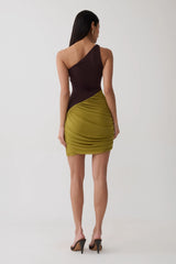 Halo Asymmetric Two Toned Mini Dress - Green/Chocolate