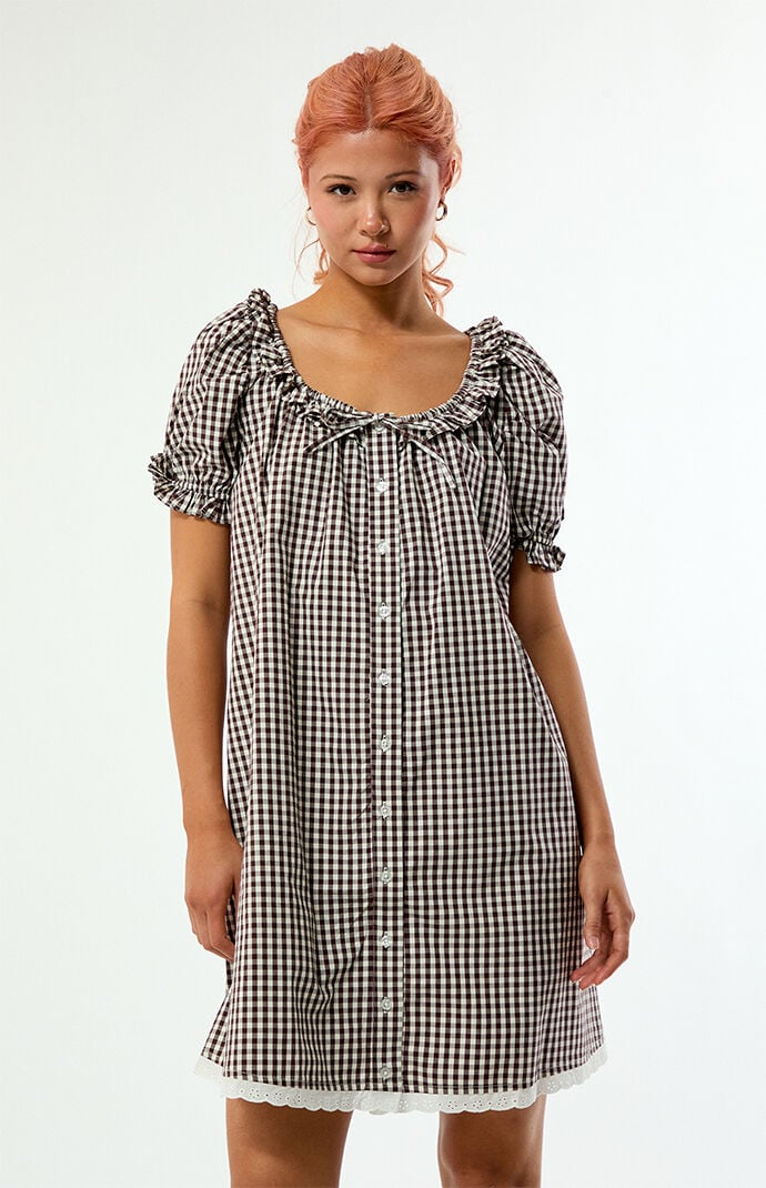 WEWOREWHAT Gingham Puff Sleeve Button Up Mini Dress