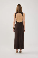 Perfect Stranger Havana High Neck Open Back Maxi Dress Brown