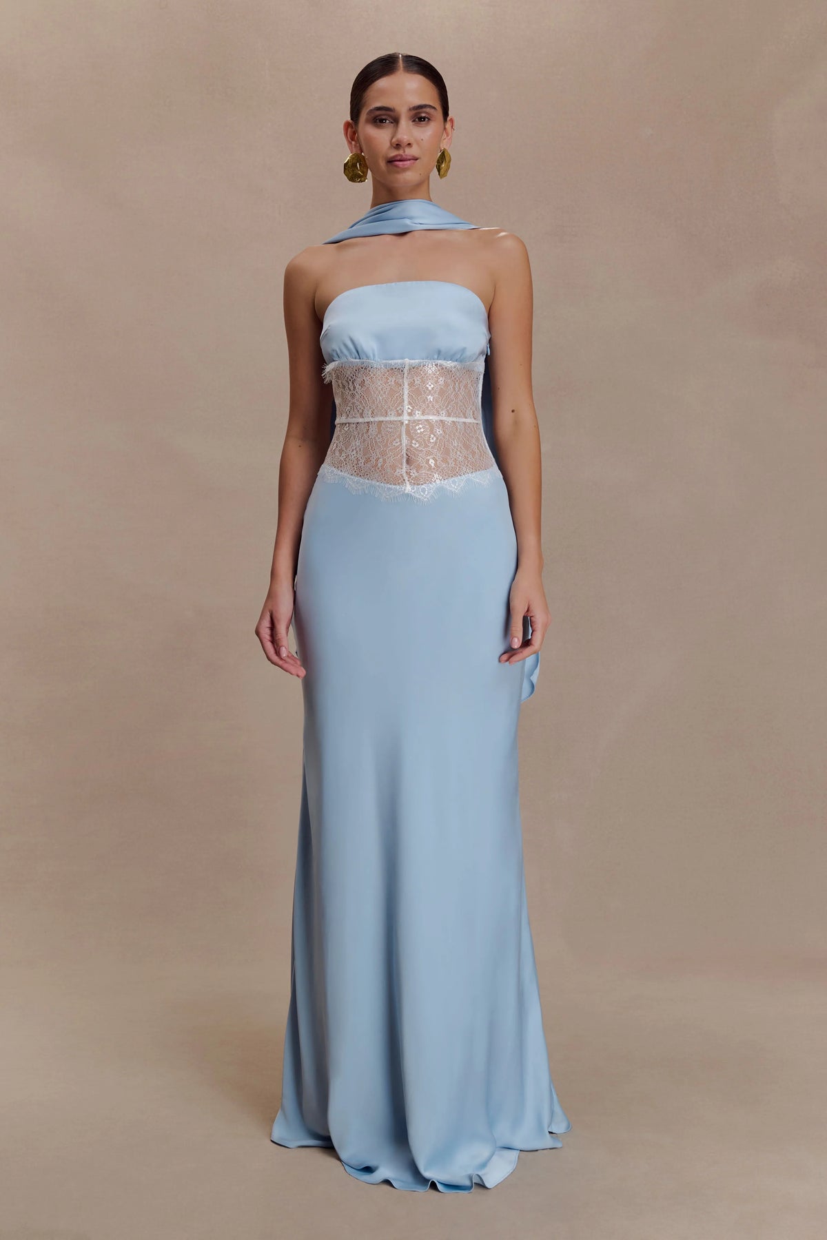 Pilar Strapless Satin And Lace Maxi Dress - Cornflower Blue